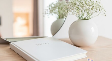 Elegant White Book with Delicate Flowers and Reflection