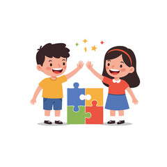Cartoon illustration of children and a boy playing with toy blocks for fun and design