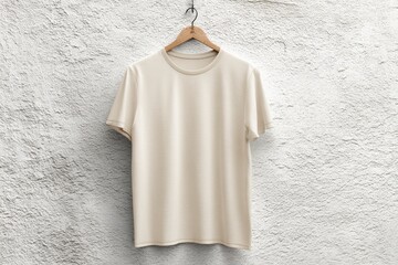 Plain Beige T-Shirt Hanging on a Wooden Hanger Against Wall