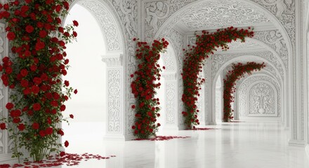 Ornate White Hallway Archways Draped in Deep Red Roses