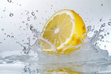 Lemon Splash: A vibrant slice of lemon creates a dynamic splash, bursting from the cool embrace of water, showcasing refreshment.