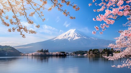 Serene Mount Fuji Landscape: A stunning scenic shot showcasing the iconic Mount Fuji, framed by blooming cherry blossoms, its peak glistening under a bright blue sky, mirrored in the calm lake.