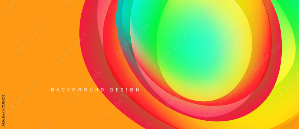 Poster abstract vibrant layers create flowing circular design. orange background complements colorful gradi