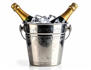 Two champagne bottles chilled in a metal bucket with ice
