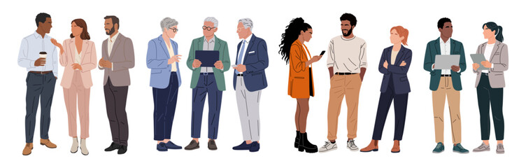 Different business team members standing, talking, communicating, taking part in business activities, meeting, brainstorming, coffee break. Multiracial people vector illustrations isolated