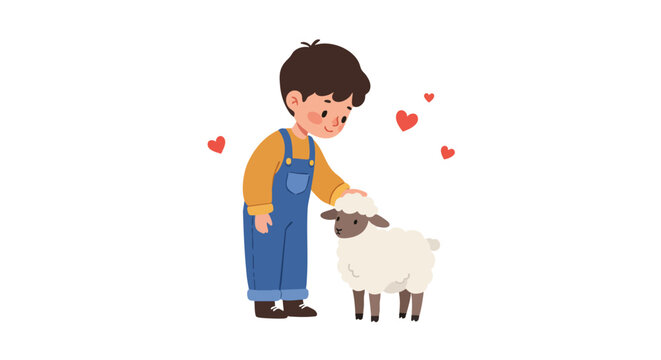a child wearing overalls, gently petting a small, fluffy white lamb