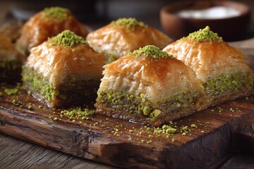 Greek baklava pistachios honey syrup flaky filo pastry