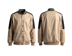 Beige bomber jacket, front and back view,  with black accents on sleeves and a contrasting color