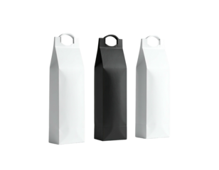 Three vertically oriented, stylized wine bottle sleeves in white, black, and gray, each with a handle