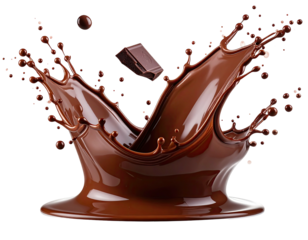 Chocolate splash, dark liquid, and a chocolate piece flying