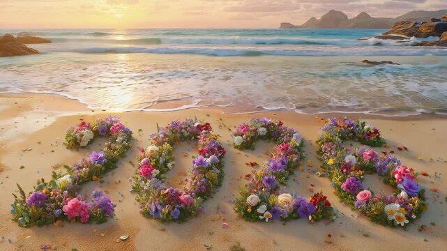 Flowers arrange to form 2026 on a sandy beach as waves gently lap under a beautiful sunset during the new year holiday season