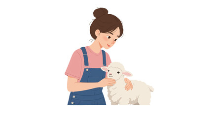Flat Illustration of a Young Woman in Pink Shirt Petting a Cute White Lamb
