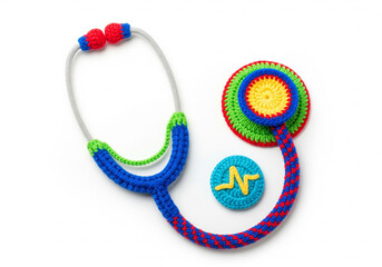 Colorful knitted toy stethoscope with a charming heart rhythm symbol, perfect for inspiring imaginative role-play and early learning about healthcare professions in young children