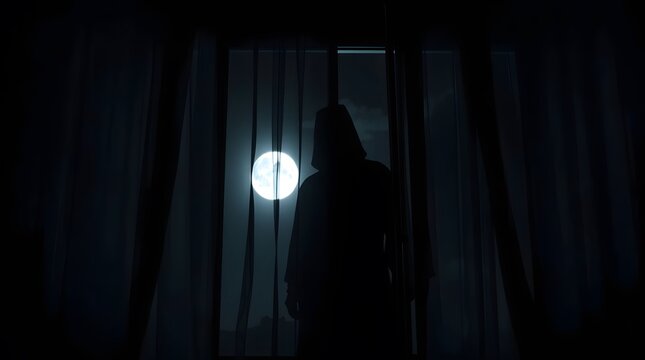 Silhouette of a person standing in front of a window with a bright moon shining through curtains