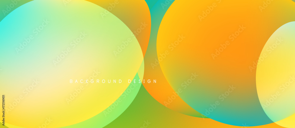 Poster abstract vibrant circles overlap, creating gradient hues. yellows, oranges, teals blend smoothly. mo