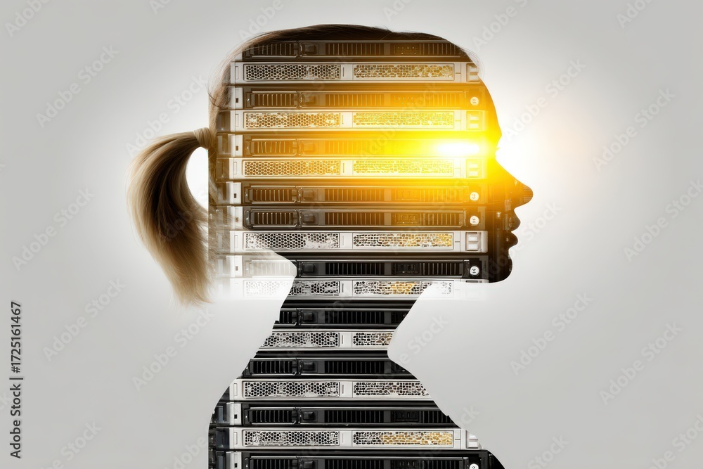 Poster surreal depiction of a female profile intertwined with data servers showcasing modern technology eff