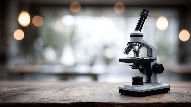 A scientific microscope rests on a rustic wooden table symbolizing research and discovery in a softly lit indoor setting with blurred bokeh lights