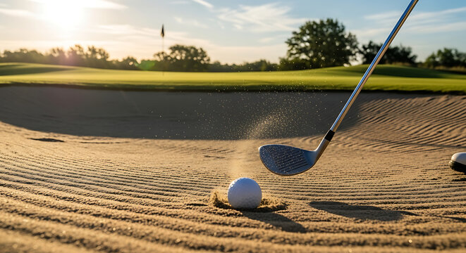 Golfer executing a skillful sand shot, launching a golf ball from a bunker at sunset.