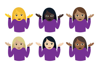 woman person shrugging his shoulders idk I don't know clueless emoji symbol sign icon vector illustration isolated flat female women