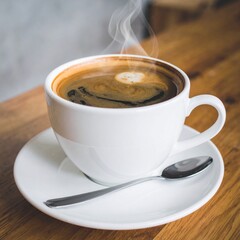 Fototapeta premium Hot Americano Coffee with Rich Aroma Served in White Ceramic Cup for Premium Café Drink Object and Classic Beverage Concept