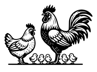 A family of chickens, rooster, hen, and chicks, farm, poultry, family, animals, farm life
