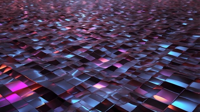 Futuristic iridescent surface with purple and blue metallic tiles, abstract 3d geometric pattern, glowing neon texture background for digital art and modern design
