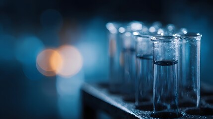 Test tubes filled with liquid in a science laboratory rack with a soft blurred background of blue and orange bokeh lights