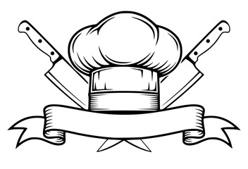 Chef hat with crossed knives and a blank banner, cooking, restaurant, chef logo, kitchen, food