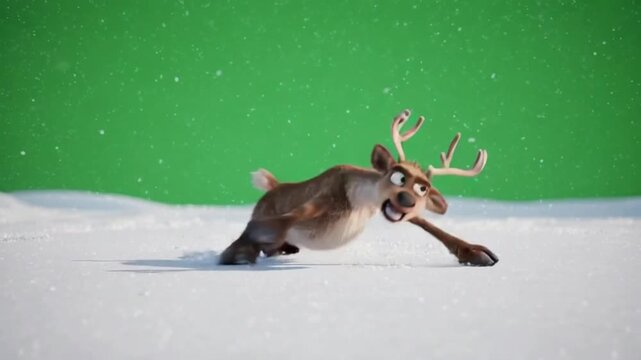 3D cartoon animation of a clumsy reindeer trying to take off but keeps tripping and tumbling in the snow. Comical expressions and exaggerated movements. Background is full green screen
