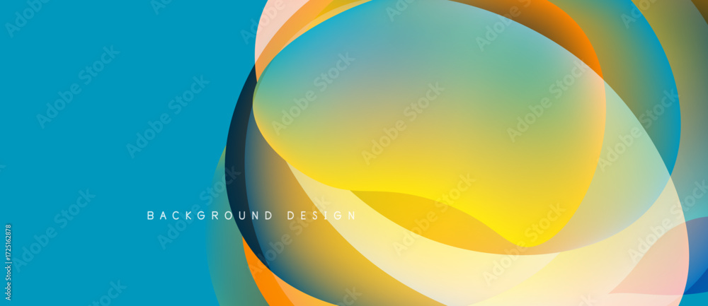 Poster abstract fluid shapes overlap, creating vibrant color gradients. teal background complements yellow,