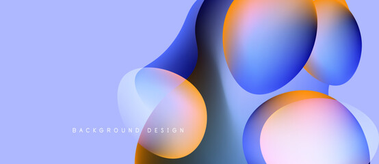 Abstract fluid shapes overlap, creating vibrant color gradients. Soft blues, oranges dominate light purple background. Modern design element.