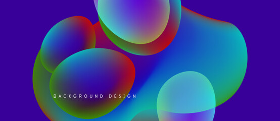 Abstract colorful shapes overlap, creating vibrant fluid design. Dark purple background enhances bright hues. Modern aesthetic.