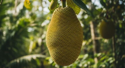 Close-up of a textured jackfruit hanging from a tree with blurred foliage backdrop
