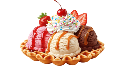 Delicious Ice Cream Sundae with Waffle Bowl on Transparent Background