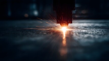 Obraz premium Close up of a laser cutter intensely working on a surface creating bright sparks and glowing light