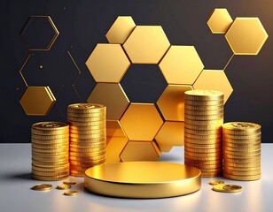Gold coins stacked in columns, a gold pedestal, and honeycomb pattern on a dark background
