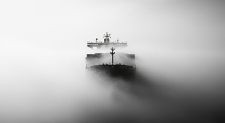 Massive cargo ship emerges from dense fog at sea