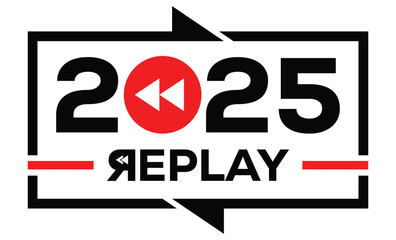 Minimalist 2025 logo design with bold black numerals above a red bar. White text "REPLAY" with rewind and play symbols inside. Clean, modern, flat graphic style on white background.	