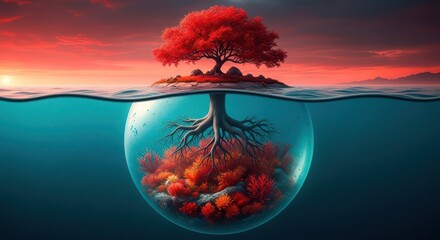 Vibrant Tree of Life Flourishes in Underwater Sphere Beneath Fiery Sky