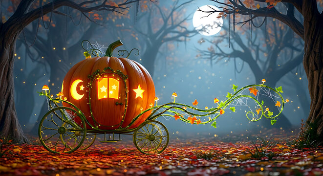 A magical pumpkin carriage, a fairy tale for Halloween. The pumpkin is organic, glowing softly from within. It stands in an enchanted autumn forest, pulled by delicate vines instead of horses