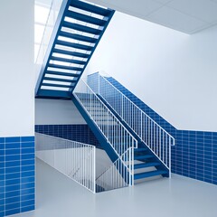Obraz premium Modern Staircase Design in White and Blue with Clean Lines and Geometric Patterns