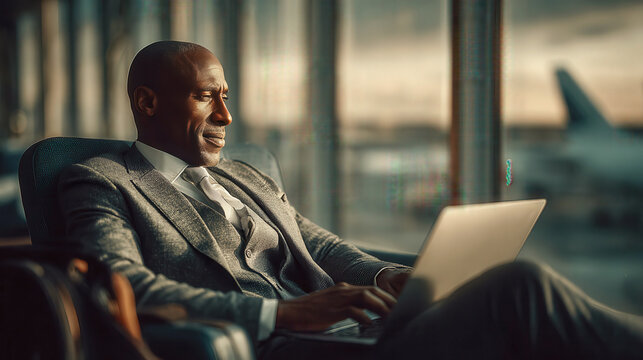 Businessman in tailored suit working on laptop in airport lounge, showcasing modern workspace with soft lighting and travel ambiance, ideal for business trip concept