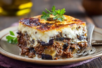 Greek moussaka layered eggplant ground meat bchamel sauce golden baked top