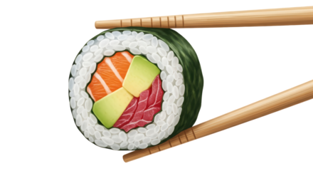 Sushi Roll with Chopsticks Holding it on Transparent Background
