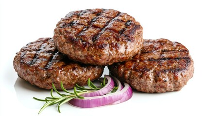 Juicy Grilled Beef Patties Ideal for Burgers, Topped with Fresh Onions and Garnished with Rosemary