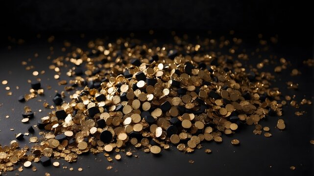 Golden confetti glitter on black background, luxury abstract texture with sparkling metallic gold bokeh lights
