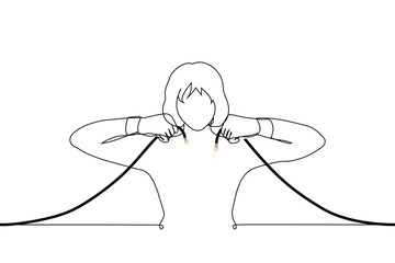 woman holding broken wire - one line art vector. concept of problem with electricity, breaking wires or connections