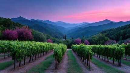Obraz premium Lush Green Vineyard on Rolling Hills at Dusk with Pink and Blue Sky in Cinematographic Style Landscape
