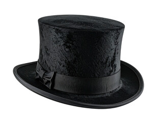 Black top hat with a velvet-like texture and a ribbon bow