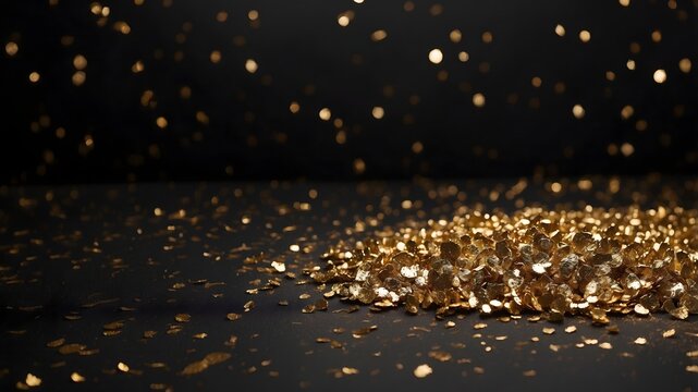 Golden confetti glitter on black background, luxury abstract texture with sparkling metallic gold bokeh lights
